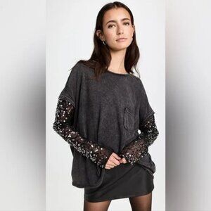 free People Celine Tee Sequined Embellished Sleeve T Shirt Twofer Top